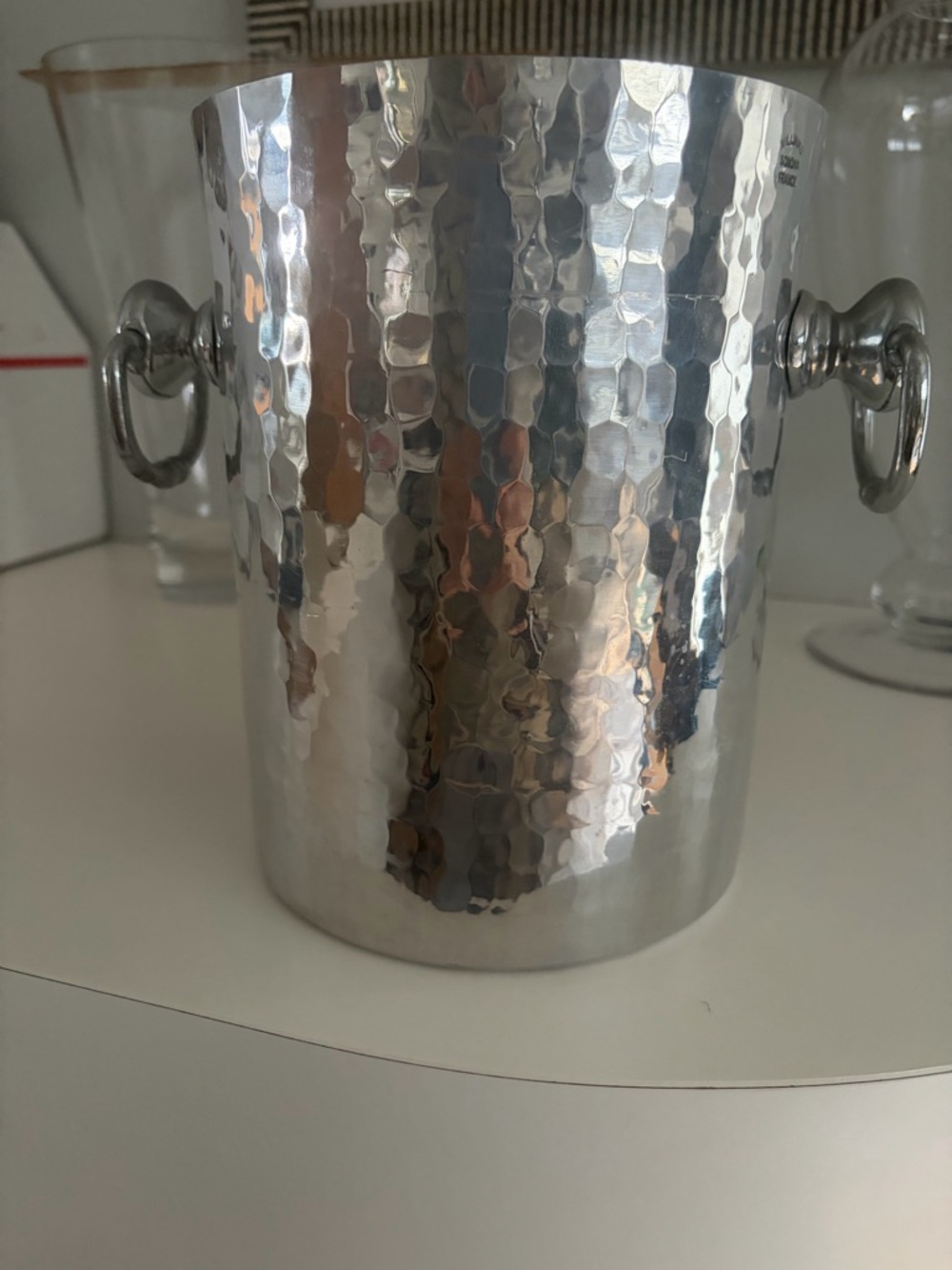 William Sonoma Hammered Metal Ice Bucket with Ring Handles - made in France